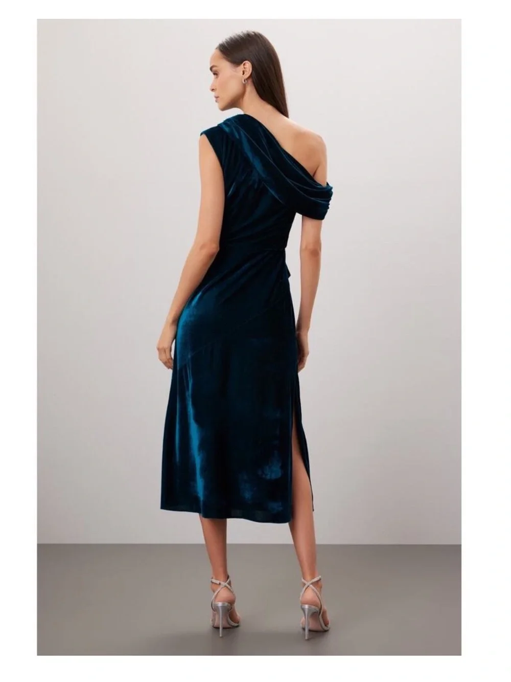 Shoshanna Grover blue green velvet one shoulder draped midi dress size 6 NWT - Picture 4 of 15